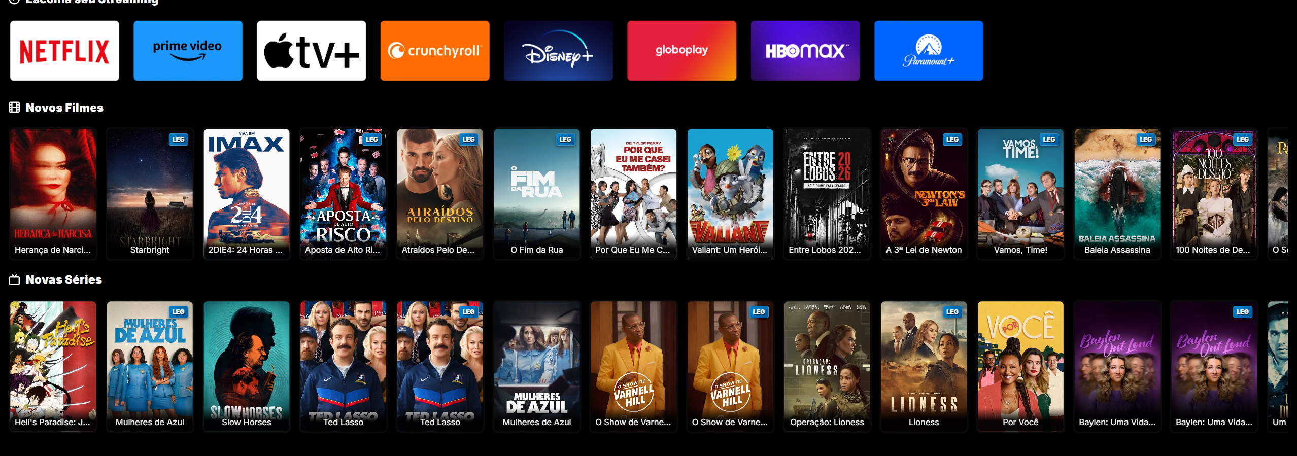 Catálogo da plataforma com fileiras de capas nas seções Novos Filmes e Novas Séries.