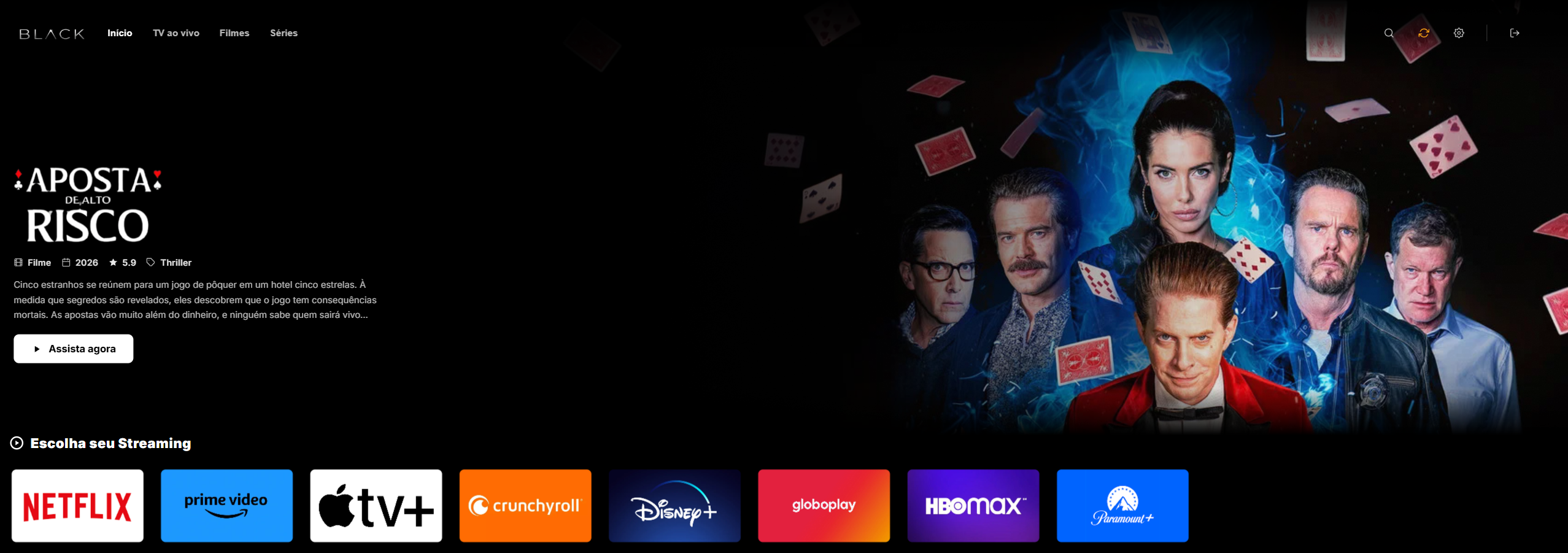 Tela inicial da plataforma BLACK, com menus Início, TV ao vivo, Filmes e Séries, destaque de um filme e categorias de conteúdo.